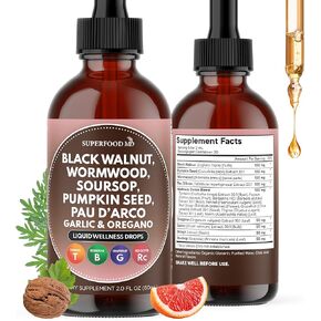 Wormwood Black Walnut Cleanse for Humans Drops Liquid Soursop Garlic Pumpkin Seed PAU D'Arco Oil of Oregano Turmeric Berberine Neem Extract Hull Bark Tincture - 4 oz in Kuwait