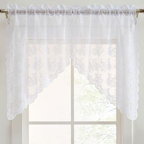 HLC.ME Jolene Floral Rod Pocket Lace Short Cafe Swags for Small Windows - 28 x 36 Inch Length (White Swags, Set of 2)