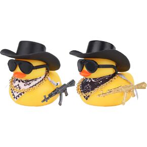 BOXOB 2pcs Rubber Ducks Car Dashboard Decor, Funny Duck Car Interior Decoration with Cowboy Hat Gold Necklace and Sunglasses Cool Auto Accessories for Office Home Desk
