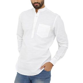 Nick&Jess Mens Casual Henley Slim Fit indian Short kurta long Sleeve Shirt Linen Cotton Manderian Collar.