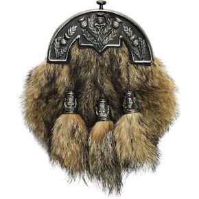 Sporran Kilt for Men Premium Coyote Fur Full Dress Scottish kilt Sporrans for men with Chain Belt Kilt Accessories (Thistle Coyote fur)