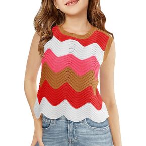 Haloumoning Girls Knit Crop Tank Tops Kids Color Block Scalloped Hem Vest Shirts 5-14 Years