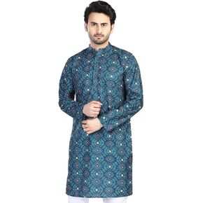 In-Sattva Men's Indian Folk Print Banded Collar Knee-Length Kurta Tunic
