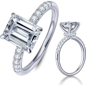 KSTYLE 2CT Moissanite Solitaire Engagement Rings for Women Emerald Cut D Color VVS1 Clarity, S925 Sterling Silver Rings 18K White Gold Plated Wedding Rings for Women