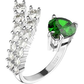 Vintage 925 Sterling Silver Simulated Emerald & Cubic Zirconia Adjustable Ring for Women, Engagement Promise Green Droplet Motif Ring for Her