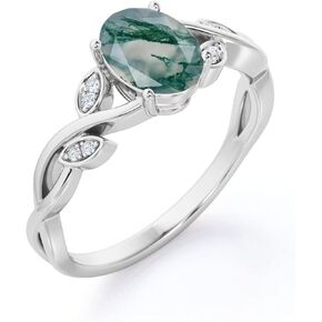 Natural Moss Agate Ring 925 Sterling Silver Green Moss Agate Ring Promise Ring Engagement Wedding Jewelry Gift for Women