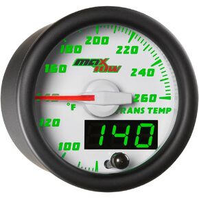 MaxTow Double Vision 260 F Transmission Temperature Gauge Kit - Includes Electronic Sensor - White Gauge Face - Green LED Illuminated Dial - Analog & Digital Readouts - for Trucks - 2-1/16" 52mm