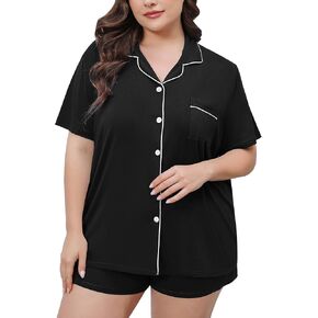 SWOMOG Women's Plus Size Pajamas Set Button Down Tops Short Sleeve Sleepwear Soft Pajama Shorts 2 Pcs Lounge Sets With Pocket