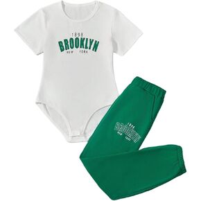 SweatyRocks Girl's Clothing Sets Letter Print Short Sleeve Bodysuit and Elastic Waist Jogger Pants Set