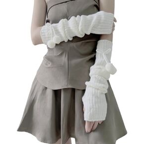 Arm Warmers for Women Cute Y2k Girls Punk Cotton Knitted Bowtie Pom-Pom Long Sleeve Fingerless Gloves Kawaii