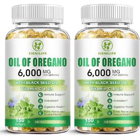 Oil of Oregano with Black Seed Oil, 6000mg Oregano Oil Capsules for Immune Support with High Carvacrol & Thymoquinone, Antioxidant, Non-GMO, Gluten Free, 150 Softgels