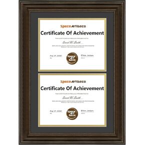 Space Art Deco, 14x20 Double/Dual Diploma Frame with Black Over Gold Mat for Two 8.5x11 Certificates, College Degrees, Real Glass Wall Mounting (Brown)