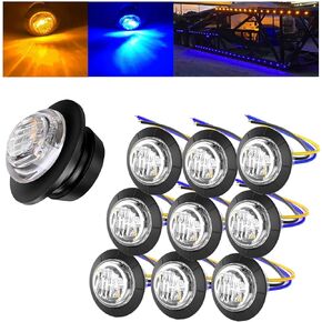 10Pcs 3/4" Round Trailer Side Marker Lights,Dual Color Amber to Blue Clearance Bullet Side Led Marker Lights Signal Tail Lights for Boat Trailer Truck Car RV Bus Van, Waterproof 12V