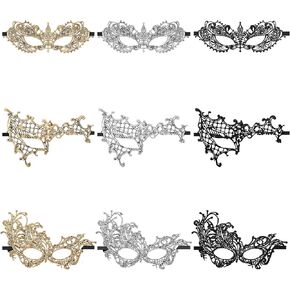 9pcs Lace Masquerade Mask for Women,Womens Masquerade Mask,Gold Silver Black Masquerade Mask,3 Shapes Masquerade Masks for Women Men for Prom Ball Carnival Mardi Gras Mask Masquerade Party