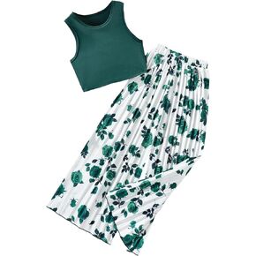 SweatyRocks Girl's 2 Piece Outfits Crew Neck Ribbed Knit Tank Top and Floral Print Pleated Wide Leg Pants
