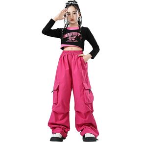 LOLANTA Girls Hip Hop Dance Clothes 2 Piece Outfits Jazz Team Long Sleeve Crop Top Cargo Pants Set