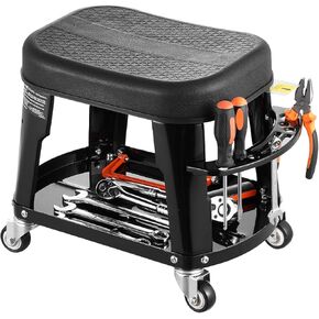 VEVOR Mechanic Stool, 300 lbs Capacity Garage Seat/Work Stool with Wheels, 360° Swivel Rolling Workshop Stool with Tool Tray and Screwdriver Rack, Heavy-Duty, for Garage, Shop & Auto Repair, Black