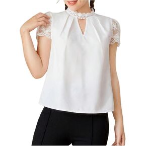SweatyRocks Girl's Mock Neck Lace Blouse Cut Out Puff Short Sleeve Pleated Shirts