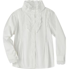 LittleSpring Girls White Button Down Uniform Shirts Long Sleeve Ruffle Blouse