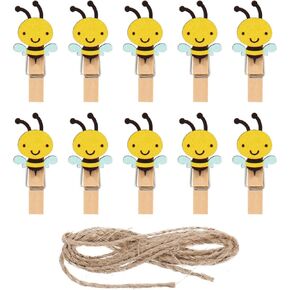 50Pcs Bee Wooden Clip with Jute Twine Cute Clothespin Craft Clip Decorative Photo Hanging Peg Pin for Summer Card Picture Art DIY Supplies