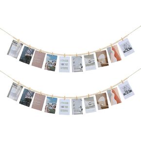 2Pcs Hanging Photo Display with Clips, Boho Wooden Bead Garland Collage Picture Frame Wall Decor, Photo String with 10 Clips for Bedroom Room Dorm Cubicle Decor, Christmas Teen Girls Gifts