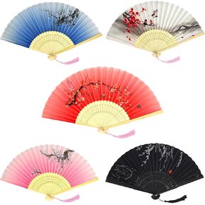 5PCS Foldable Hand Fan for Line Dancing, Silk Fans, Popping Fan, Boots on The Ground Fan, Cosplay & Decor |Vintage Japanese& Chinese Style Bamboo Silk for Women/Men/Kids