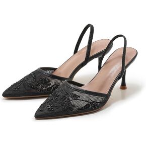 Embroidered Mesh Slingback Heels for Women White Pearl Kitten Heel Pumps Pointed Toe Backless Wedding Shoes