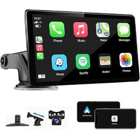 شاشة CarPlay اللاسلكية المحمولة للسيارة Apple Carplay & Android Auto ، 7 "HD Stree Screen Car Stereo مع 1080p كاميرا احتياطية/GPS الملاحة/المرآة/التحكم الصوتي/Aux Fits Cars