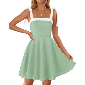 ZESICA Womens Summer Sleeveless Mini Dress Tie Shoulder Square Neck High Waist Swing A Line Short Sundresses