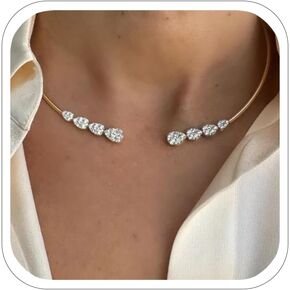 Dainty Teardrop Rhinestone Open Choker Necklace Adjustable Metal Ring Crystal Cuff Collar Necklace for Women