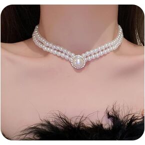 Pearl Choker Necklace for Women,Vintage Gold Large Pearl CZ Pendant Layered Necklace Boho Beaded Necklaces,Trendy Wedding Party Jewelry Accessories
