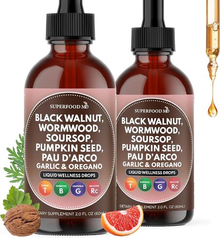 Wormwood Black Walnut Cleanse for Humans Drops Liquid Soursop Garlic Pumpkin Seed PAU D'Arco Oil of Oregano Turmeric Berberine Neem Extract Hull Bark Tincture - 4 oz in Kuwait