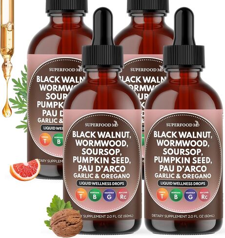 Wormwood Black Walnut Cleanse for Humans Drops Liquid Soursop Garlic Pumpkin Seed PAU D'Arco Oil of Oregano Turmeric Berberine Neem Extract Hull Bark Tincture - 4 oz in Kuwait