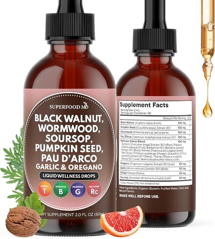 Wormwood Black Walnut Cleanse for Humans Drops Liquid Soursop Garlic Pumpkin Seed PAU D'Arco Oil of Oregano Turmeric Berberine Neem Extract Hull Bark Tincture - 4 oz in Kuwait