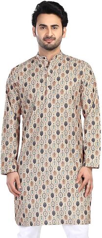 In-Sattva Men's Indian Folk Print Banded Collar Knee-Length Kurta Tunic in Saudi Arabia