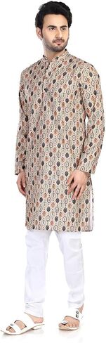 In-Sattva Men's Indian Folk Print Banded Collar Knee-Length Kurta Tunic in Saudi Arabia