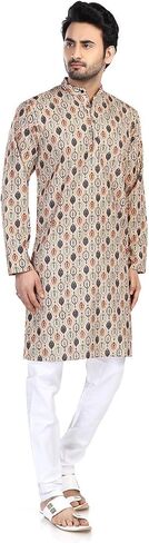 In-Sattva Men's Indian Folk Print Banded Collar Knee-Length Kurta Tunic in Saudi Arabia