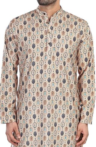 In-Sattva Men's Indian Folk Print Banded Collar Knee-Length Kurta Tunic in Saudi Arabia