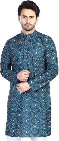 In-Sattva Men's Indian Folk Print Banded Collar Knee-Length Kurta Tunic in Saudi Arabia