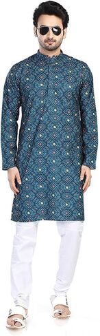 In-Sattva Men's Indian Folk Print Banded Collar Knee-Length Kurta Tunic in Saudi Arabia
