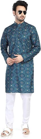 In-Sattva Men's Indian Folk Print Banded Collar Knee-Length Kurta Tunic in Saudi Arabia
