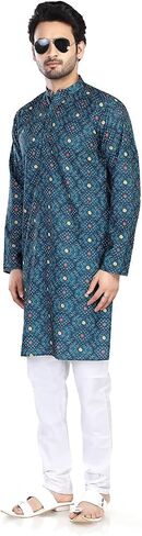 In-Sattva Men's Indian Folk Print Banded Collar Knee-Length Kurta Tunic in Saudi Arabia