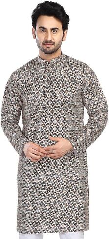 In-Sattva Men's Indian Folk Print Banded Collar Knee-Length Kurta Tunic in Saudi Arabia