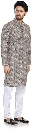In-Sattva Men's Indian Folk Print Banded Collar Knee-Length Kurta Tunic in Saudi Arabia