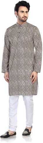 In-Sattva Men's Indian Folk Print Banded Collar Knee-Length Kurta Tunic in Saudi Arabia