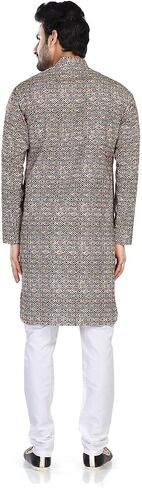 In-Sattva Men's Indian Folk Print Banded Collar Knee-Length Kurta Tunic in Saudi Arabia