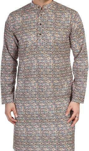In-Sattva Men's Indian Folk Print Banded Collar Knee-Length Kurta Tunic in Saudi Arabia