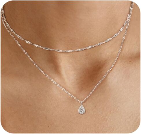 ACECHA Silver Layered Necklaces for Women, Dainty Singapore Chain Choker Necklace with Simple Diamond Pendant Trendy Charm Jewelry Gifts in Saudi Arabia