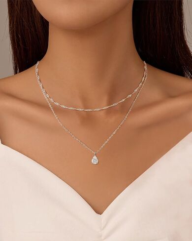 ACECHA Silver Layered Necklaces for Women, Dainty Singapore Chain Choker Necklace with Simple Diamond Pendant Trendy Charm Jewelry Gifts in Saudi Arabia