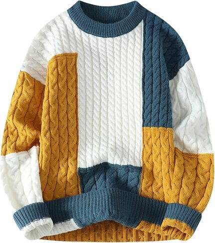 GURUNVANI Mens Patchwork Sweater Colorblock Knit Jumper Vintage Cable Knitted Pullover Sweater in Saudi Arabia